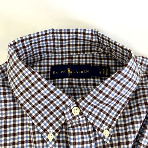 Mens Ralph Lauren Long Sleeve Button Down Shirt Sz L Maroon/Blue Check - Picture 2 of 7